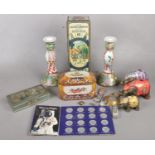 A quantity of mostly collectables. Including vintage tins, composite Indian elephants, wristwatches,