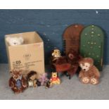 A box of vintage teddy bears together with a vintage Bagatelle by Glevum games. To include a