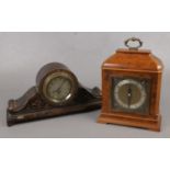 Two vintage clocks. Includes Smiths car dashboard example mounted in carved oak case and a burr