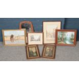 A quantity of paintings and pictures. Including framed oil of a pair of horses drinking scene,