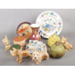 A quantity of ceramics. Including Sylvac dogs, Japanese plate, vase, etc.