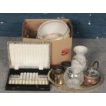 Two Boxes of Miscellaneous Items. To include a Silver Plate Tray and Flatware, Large Jardinière