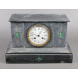 A Black Slate Flat Topped Mantle Clock, with Green Decoration to the Sides and Base. Condition Fair,