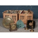 Two boxes of miscellaneous. Brass candlesticks, ceramic vases & bowls, Metamec mantle clock etc