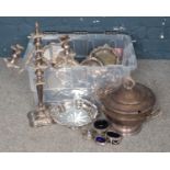 A Collection of EPNS and Silver Plate. To include a Large two-branch candlestick, Lidded Tureen