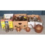 Three boxes of metalwares. Vintage Copper kettle, silver plate tankards, teapots etc