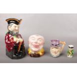 Four character jugs. To include Chelsea Pensioner by Burleigh, Mr Micawber & Devonia jug etc.