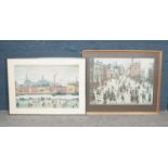 A pair of L.S Lowry framed prints. To include 'Village Square' as an example. H: 40cm, W:59cm.