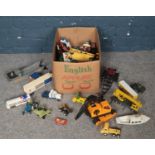 A box of diecast vehicles. Including Tonka, Corgi, Matchbox, Dinky, etc.