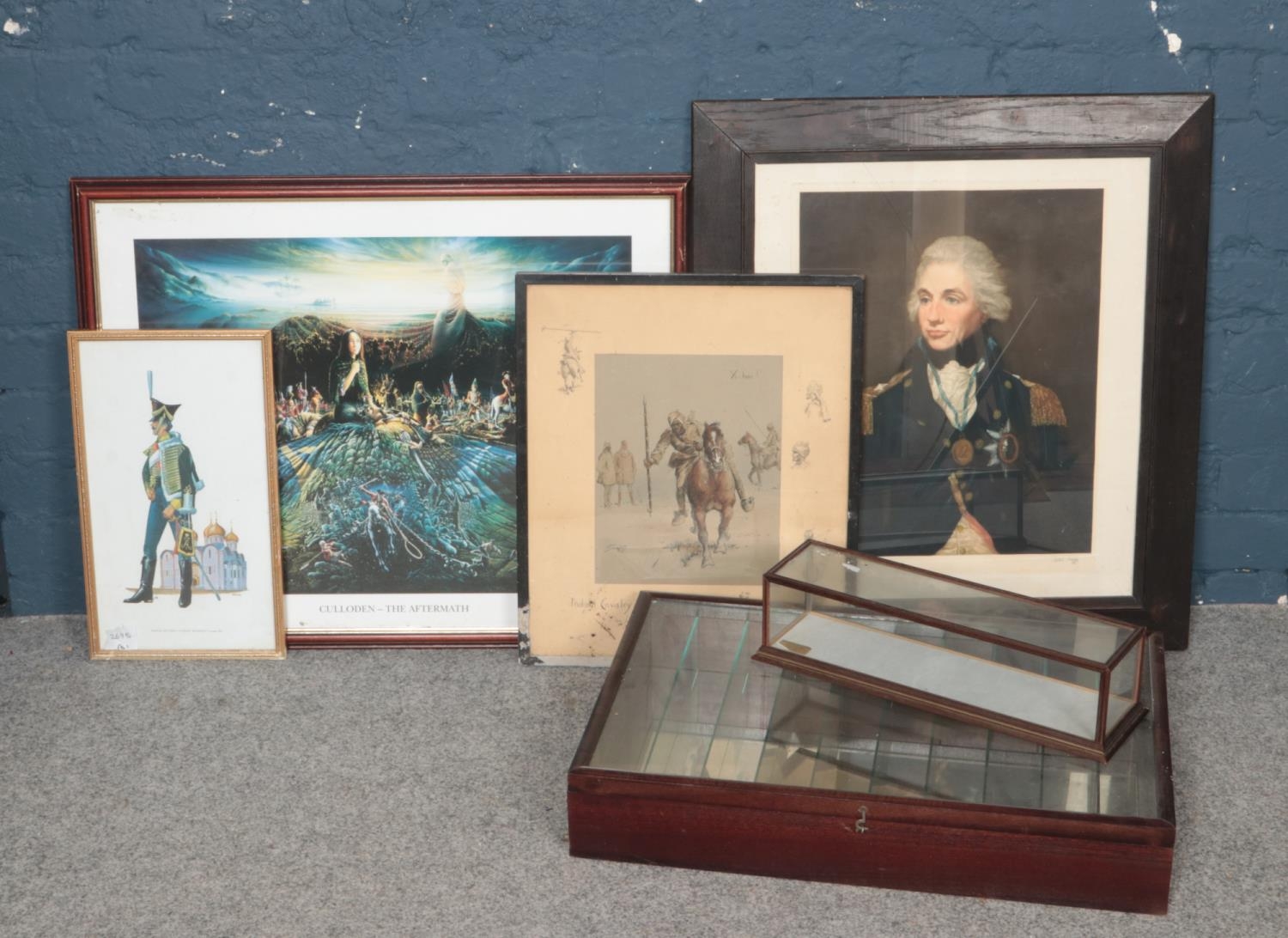 Four Prints of Various Sizes, together with Two Display Cabinets.