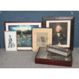 Four Prints of Various Sizes, together with Two Display Cabinets.