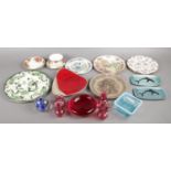 A quantity of ceramics and glass. Including Poole trinket dishes, Keramika dish, cranberry glass,