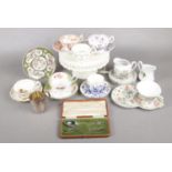 Six assorted cups & saucers, milk jugs and a cake stand etc. Comprising of two H&S (Hart & Son) cups