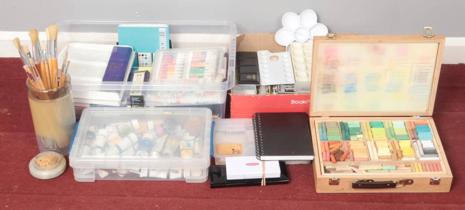 An Extensive Collection of Various Artist Materials. To Include Brushes, Watercolours, Oil Paints