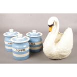 A collection of ceramics. Includes TG Green Cornish ware storage jars and a Dartmouth swan. Chip