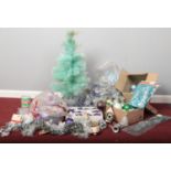 A quantity of Christmas decorations. Paragon blue Fibre optic tree (boxed), tinsel, baubles (blue,