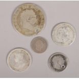Five British silver coins. Including Georgian 1817 Half Crown, 1836 Groat, 1879 & 1918 One