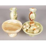 A Collection of Onxy. Includes Two Pedestal Fruit Bowls, Fruit and a Pair of Vases. Some damage to