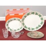 A box of miscellaneous. Wedgwood 'Napoleon Ivy' two meat plates, Royal Doulton African series Lion