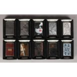 A Collection of Ten Boxed Zippo Lighters. To include 'Angel', 'Ace' and 'BS Sunglasses'.