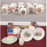 Two boxes of miscellaneous. Royal Worcester Christmas 1980 & 1981 plates, commemorative mugs,