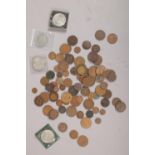A box of coins. Including British & foreign pre decimal examples, Cents, Churchill crowns, etc.