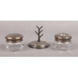 Three pieces of Silver. To include a pair of silver topped vanity pots assayed in Chester 1910 by