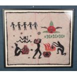 A large framed picture depicting a tribal scene on cloth. H: 70cm, W: 85cm.