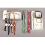 Two boxes of assorted costume jewellery. To include a Sterling silver Yves Renaud ladies watch, a