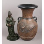 A Large Twin Handled Vase, together with a Resin Figure of a Native American Woman Holding a Baby (