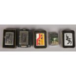 Five Zippo lighters. Including Beatles, Elvis, Texas Twister, etc.