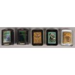 Five Zippo lighters. Including Peaks and Valleys, Martini, Full House, etc.