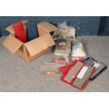 A box of assorted knitting and crochet equipment. To include knitting needles, vintage crochet/