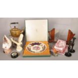 An assortment of mixed items. Including an art deco oak picture frame, Beswick eagle, shell cameo