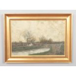 William Alfred Gibson (1866-1931) gilt frame oil on canvas, rural river bank scene. 29cm x 44cm.