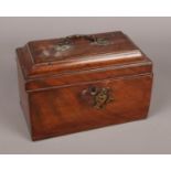 A Regency mahogany tea caddy. With brass swing handle to hinged lid and brass escutcheon.