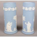 A pair of blue Wedgwood jasperware cylinder vases. (17cm tall)