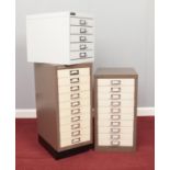Three metal drawer filing cabinets. To include a Sisley ten drawer cabinet and two Triumph