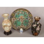 A collection of Japanese items. Includes 19th century cloisonné charger, shell vase, small blue