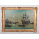 John Banfield, gilt framed oil on canvas, seascape with ships. 49cm x 74.5cm.