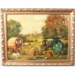 An oil on board depicting gypsy caravans in a countryside scene. Signed by the artist, Alfred