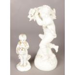 Two King Street Derby white glazed porcelain figures of boys. Tallest 20.5cm. Little girl missing