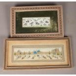 Two Persian miniature gouache on ivory in khatam frames. Scenes depicting figures on horseback