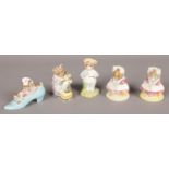 Five Beswick Beatrix Potter figures. Including The Old Woman who Lived in a Shoe Knitting, Tom