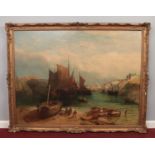 William Linton RBA, 1791-1876 Large gilt framed oil on canvas Continental harbour with sailing boats