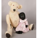 A vintage fully jointed teddy & rag doll. (70cm height teddy) (44cm height)