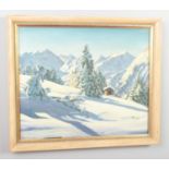 Professor Grunber, a framed oil on canvas, snowy landscape scene. Titled Saalfelden Austria to