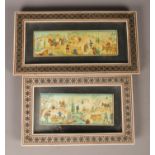 Two early 20th century Persian miniature gouache on ivory in khatam frames. Landscape scenes with