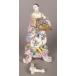 An 18th century Bow porcelain figure modelled as a hurdy gurdy player. Circa 1760. Old repair to