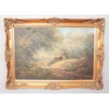 A Ted Dyer oil on canvas of a landscape scene with children playing, in large gilt frame. Signed